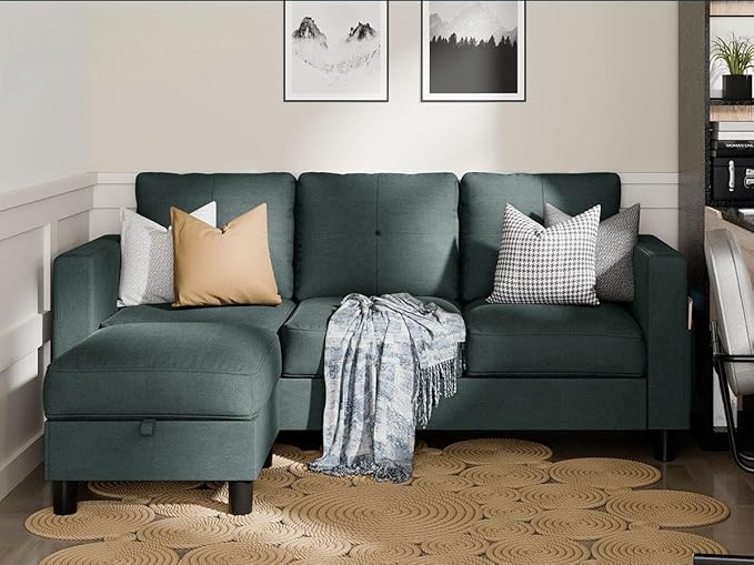 SUNLEI Convertible L-Shaped Sectional Couches for Living Room, Space-Saving 3-Seat Couch for Small Apartments & Living Rooms, Linen Fabric, Grey | L-Shaped