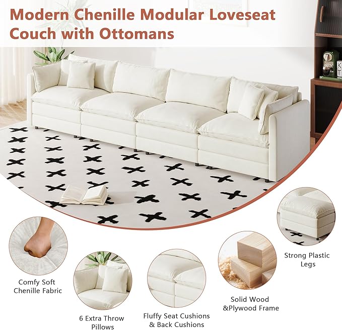 Setawix Chenille Cloud Couches for Living Room,4 Seater Cloud Sofa Couch with Deep Seat,147.22" Roomy Cloud Sofas,Modular Sectional 4 Seat Sofa with Pillows for Bedroom (Beige, 4 Seater)