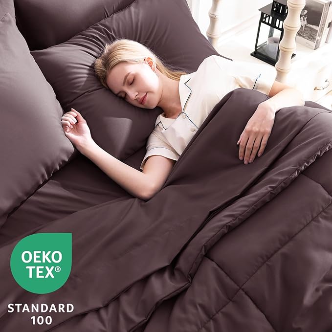 CozyLux King Size Comforter Set Cocoa Powder, 7 Pieces Bed in a Bag, Brown Comforter King Size, All Season Bedding Sets with Stitch Quilted Comforter, Flat Sheet, Fitted Sheet, Pillowcases