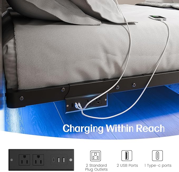 Liians Queen Size Floating Bed Frame with USB Charging Station and LED Lights, Modern Metal Platform Bed Frame with Mattress Slide Stopper, Noise Free No Box Spring Needed and Easy Assembly
