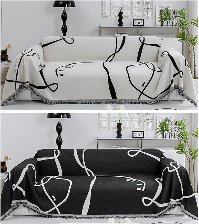Black and White Double-Sided can Cover Chenille Sofa Towel Full Covers Cloth Four Seasons Universal Models Straight Row a Piece of Non-Slip Sets Cover (71 * 134 inch)