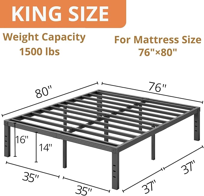 ZIYOO King Size Bed Frame, 16 Inches Platform Bed Frame, 3500lbs Heavy Duty Steel Slat, Non-Slip Design, No Box Spring Needed, Easy Assembly, Quiet Noise Free, Under Bed Storage Space, Black