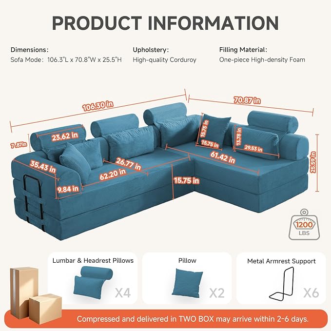 106" L-Shaped Boneless Sectional Couch, 2-Piece 70.87" Modules, Converts to 141.7" Extra-Long Straight Sofa, Corduroy Couch in a Box with Headrest & Back Pillows for Living Room, Light Blue