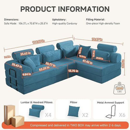 106" L-Shaped Boneless Sectional Couch, 2-Piece 70.87" Modules, Converts to 141.7" Extra-Long Straight Sofa, Corduroy Couch in a Box with Headrest & Back Pillows for Living Room, Light Blue