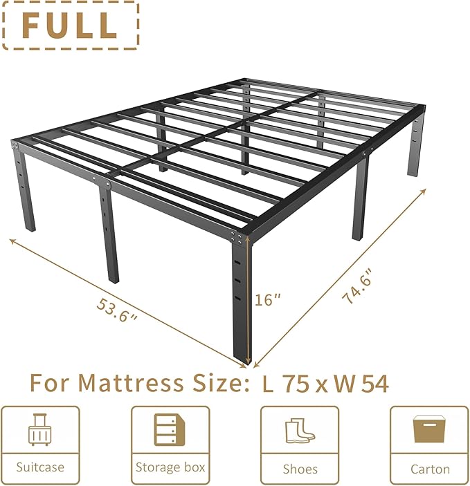 HOBINCHE 16 Inch Full Size Bed Frame - No Box Spring Needed Heavy Duty Black Metal Platform Mattress Foundation, Non-Slip Noise Free Easy Assembly Steel Slats Bedframes with Cleance Storage