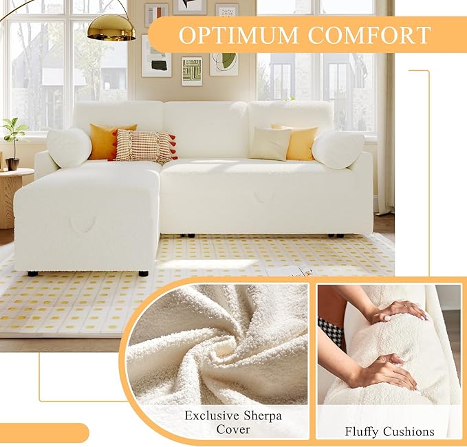 VanAcc Sofa Bed, Sleeper Sofa- 2 in 1 Pull Out Couch Bed with Storage Chaise for Living Room, White Sherpa