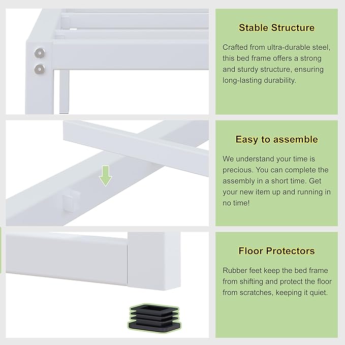 EMODA 12 Inch Full Size Bed Frame, Metal Platform Bed Frame Full No Box Spring Needed, Heavy Duty Steel Slats Support, Easy Assembly, Noise Free, White