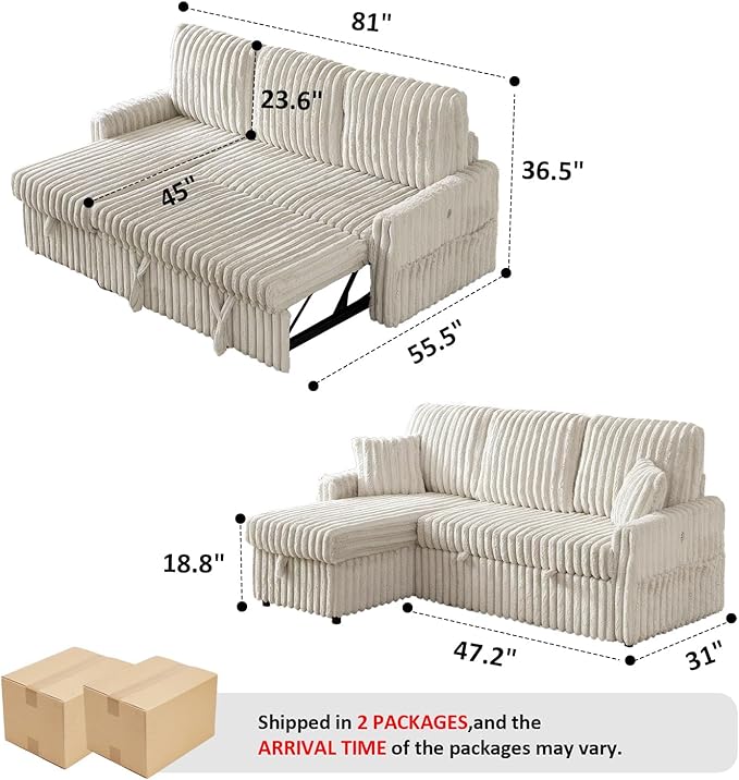 Sleeper Sofa Bed, 81” Pull Out Couch Bed, 3 in 1 L-Shaped Couch with Charging Station, Cup Holder, Side Pocket, Couches for Living Room(Plush Beige)