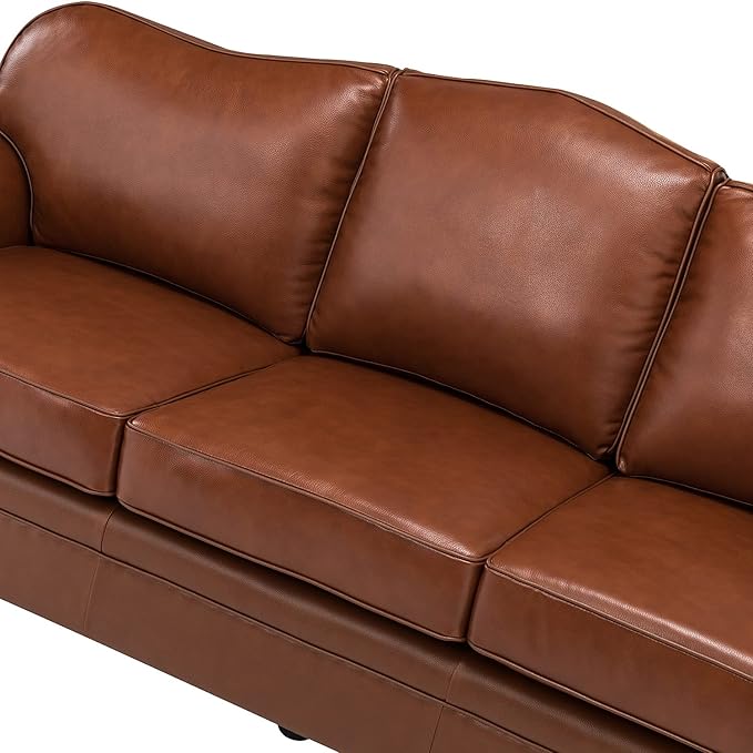HULALA Home 81'' Genuine Leather Sofa with Nailhead Trim and Rolled Armrests, Mid-Century Modern Living Room 3-Seater Couch, Brown Couch with Removable Cushion for Bedroom Apartment