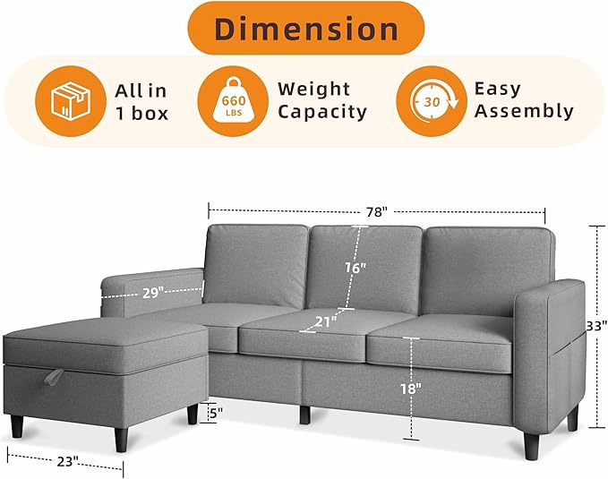 78" Sectional Sofa Couches for Living Room, Convertible L Shaped Couch with Storage Ottoman, Deep Seat Pet-Friendly Linen Fabric Sofa Set for Small Space, Apartment, Dorm