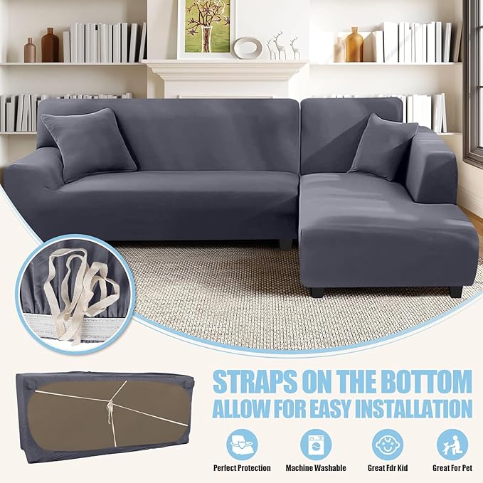 KinCam Sectional Couch Covers L Shape Sofa Covers Super Stretch 2pcs Sofa Slipcovers for 3 + 3 Seaters Sectional Chaise Slipcover with 2pcs Pillow Covers for Pets Kids, Light Grey