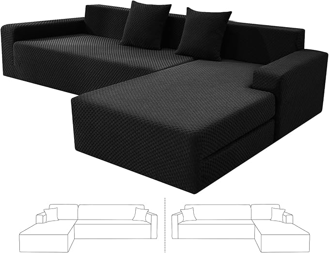 ZNSAYOTX Sectional Couch Covers, Stretch Jacquard Slipcovers with Elastic Bottom for L-Shape Sectional Sofa, 2 Pcs Pet Friendly Modular Sofa Protector (3 Seat Couch + 2 Seat Chaise, Black)