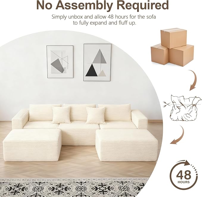 110" Corduroy Boneless Modular Sectional Sofa, Cloud Couch with Memory Foam Deep Seats, U-Shaped Couches for Living Room, Bedroom and Apartment, No Assembly Required, Beige