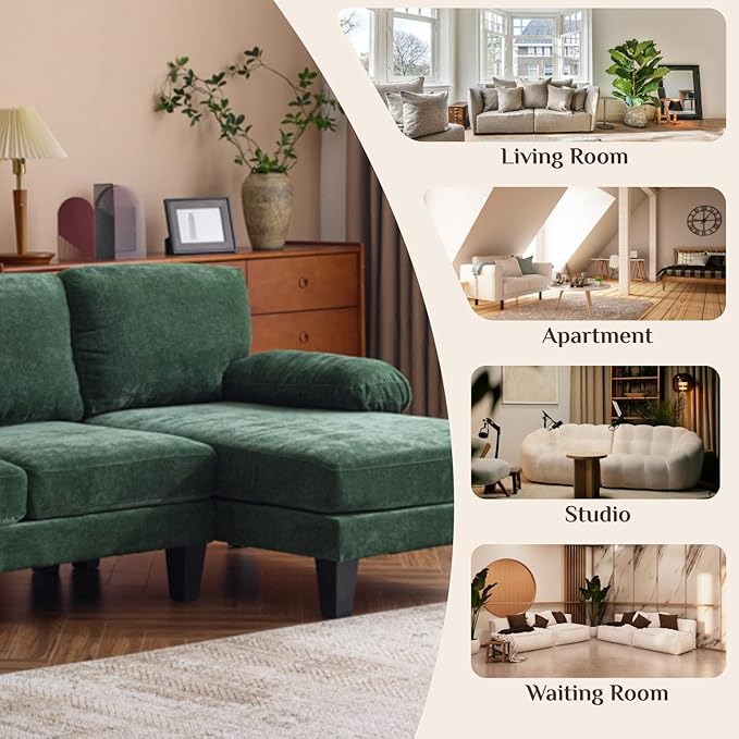 Karl home 111" Sectional Sofa U-Shaped 4-Seat Couch with Chaises Wood Grian Legs Chenille Fabric Upholstered for Living Room, Apartment, Office, Green