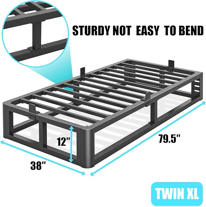 Firpeesy Metal Heavy Duty 12 inch Twin XL Bed Frame with Rounded Corner and Headboard Hole Mattress Retainers 3500 LBS No Box Spring Needed Platform Noise Free Easy Assembly