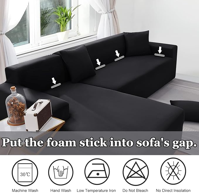 NAISI Couch Cover L Shape 2 Pieces Sofa Cover Soft Stretch Slipcovers with 2pcs Pillowcases Furniture Protector Sectional Couch Covers 3 Seater + 3 Seater(Black)