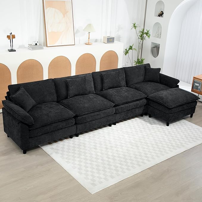 Oversized Modular Sectional Sofa, 146.5 Inch L Shaped Cloud Couch Set, 4-Seat Comfy Convertible Sofa with 1 Movable Ottoman, DIY Combination Sleeper Couch for Living Room(Chenille, Black)