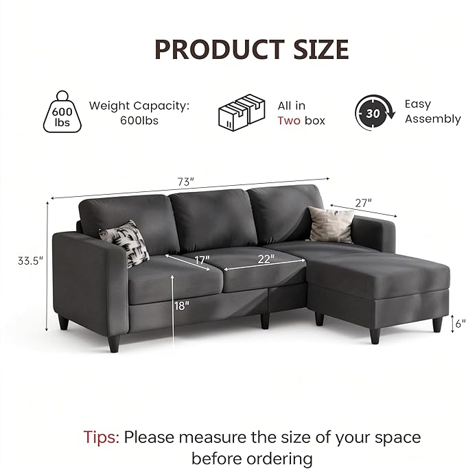 73" Sectional Sofa Couch for Living Room, Dark Grey Convertible L Shaped Sofa with Reversible Ottoman, 8" Extra Thick High-Density Cushions, Modern Linen Fabric 3 Seater Sofa for Small Space | 8" Extra Cushions