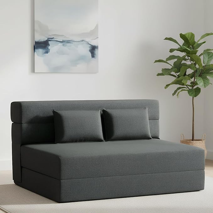 FILUXE Convertible Folding Sofa Bed - Sleeper Chair with Pillow, Modern Linen Fabric Floor & Futon Couch, Foldable Mattress for Living Room/Dorm/Guest Use/Home Office/Apartment, Queen Size, Dark Gray