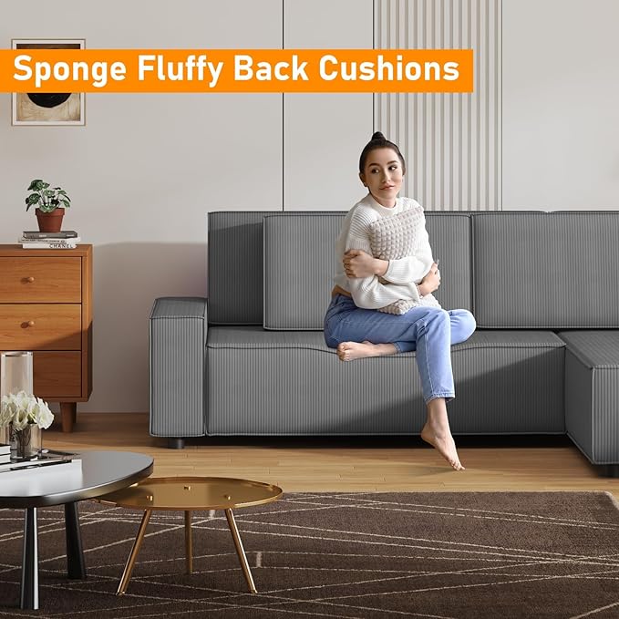 GAOMON Fine Stripe Corduroy Sectional Sofa, l Shaped Modern Corduroy Couch, Comfy Sofa Couch with Deep Chaise for Living Room, Apartment, Hotel, 96" w*61" d*32" h, Dark Grey