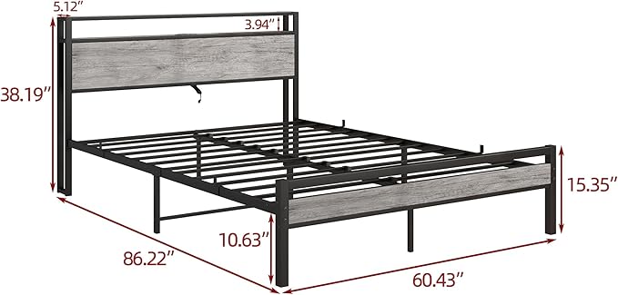BOFENG Queen Bed Frame with Wood Headboard Storage,Heavy Duty Metal Platform Bed Frame Queen Size with Charging Station,Reinforced Steel Slats Support,No Box Spring Needed,Noise Free,Greige