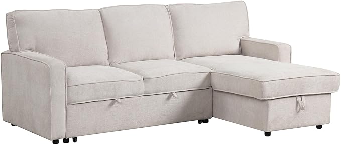 LUMISOL 89" Convertible Sleeper Sofa Bed, Modern L-Shaped Sectional Couch Bed with Convertible Chaise, Chenille Pull Out Sofa with Cup Holders & Charging Station for Living Room, Beige