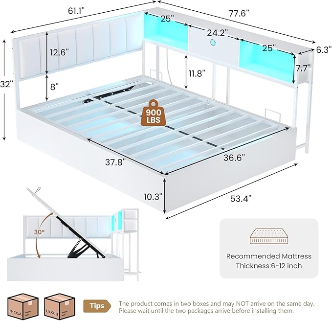 Hasuit Corner Full Lift Up Storage Bed Frame with Charging Station & LED Lights, Full Day Bed with Upholstered Headboard and Bookcase, Corner Beds with Hydraulic for Kids Teens Guests, White