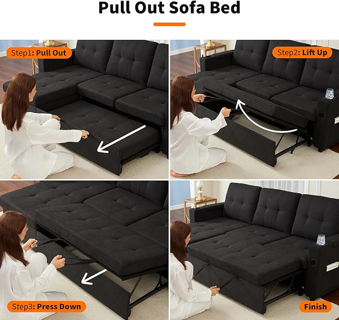 Garvee Couches for Living Room, 84'' Sofa Bed，l-Shaped Sectional Sleeper Sofa with Pull Out Bed，Reversible Storage Chaises， Hidden Storage Armrests，Cup Holders & USB Charging Ports