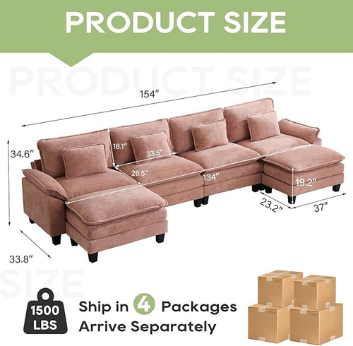 154" Modular Sectional Sofa, Comfy Cloud Couch Sectional Sofa with Ottoman, Chenille Sofa Sleeper Deep Seat Sofa with Throw Pillows for Living Room (Pink, 154"- U Shape)