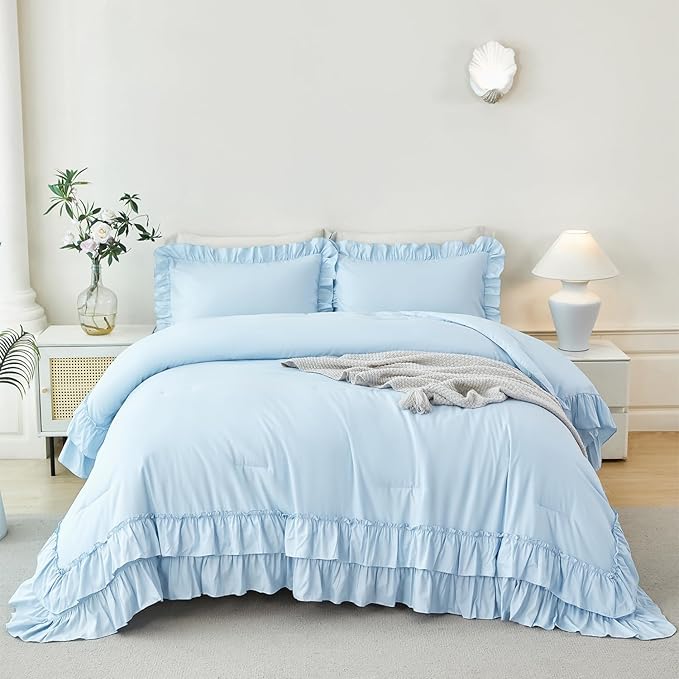 ANGIYUIN 5Pcs Blue Ruffle King Size Bed in A Bag Farmhouse Ruffled Bedding Comforter Set Fluffy Lightweight Comforter Set with Sheets for Women Men(Light Blue King)