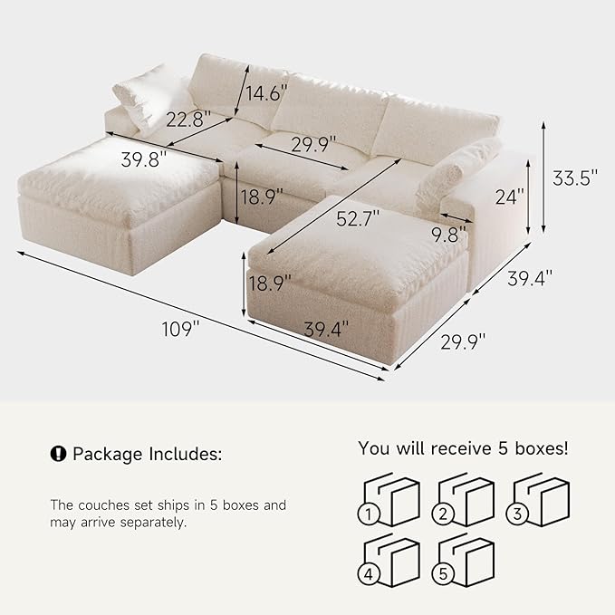 109’’ Cloud Couch for Living Room, Boneless Modular Sectional Sofa U-Shape with Ottoman Washable Cushion Cover, No Assembly Required, White (3-Seat + 2 Ottoman)