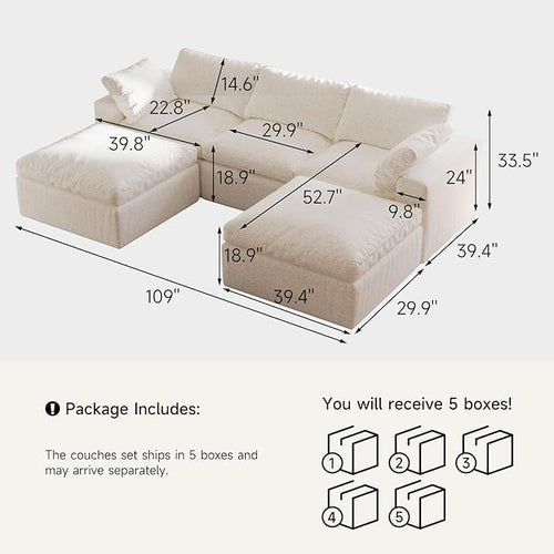 109’’ Cloud Couch for Living Room, Boneless Modular Sectional Sofa U-Shape with Ottoman Washable Cushion Cover, No Assembly Required, White (3-Seat + 2 Ottoman)