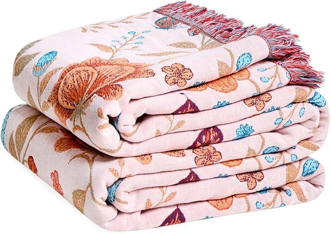 LUTBM Boho Throw Blanket for Couch Sofa Chair Cotton Spring Blankets for Bedroom Living Room All Season Soft Lightweight Reversible Floral Butterfly Embroidery Decorative Throws 50"x60" Home Decor