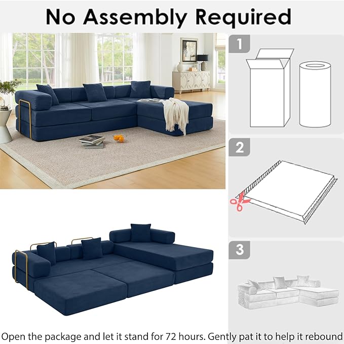 HANXIN 108 Inch Convertible Sleeper Sofa Bed, Folding Floor Mattress Couch with Fixed-Shape Frame, Futon Boneless Couch Lounge Loveseat with Pull Out Bed, No Assembly Required (Blue)