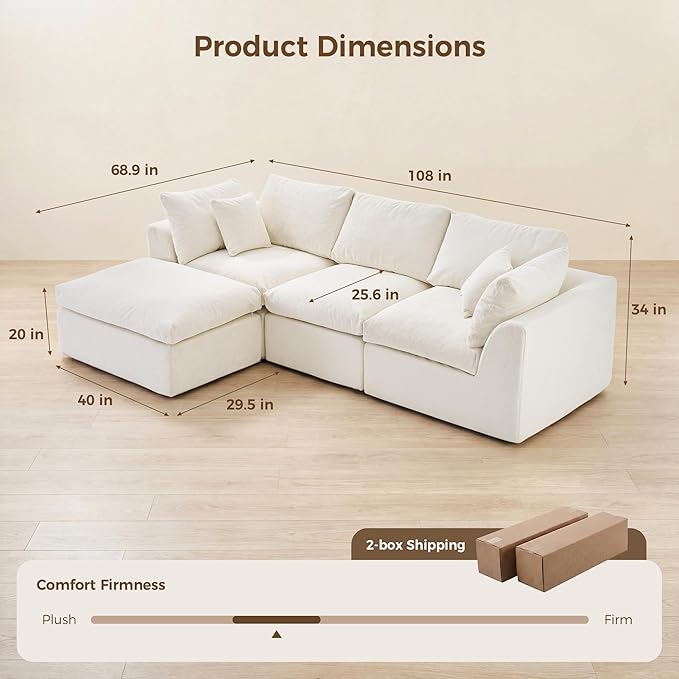 108" Cloud Sectional Couches, with 1 Extra Washable Cover, L Shaped 25.6" Deep Seat Couch with Ottoman, Oversized Comfy Living Room Sofa, DIY Color Refresh (White Sofa + Gray Cover Set)