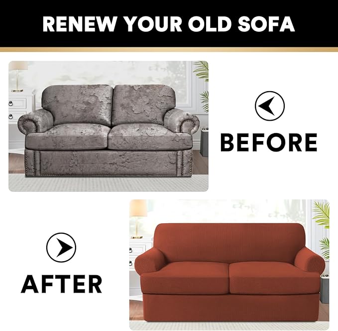 PrinceDeco T Cushion Loveseat Slipcover - 3 Pieces Sofa Cover for 2 Cushion Couch with 2 Individual T Shape Seat Covers Width Up to 76 Inch - Stretch, Machine Washable, Rust