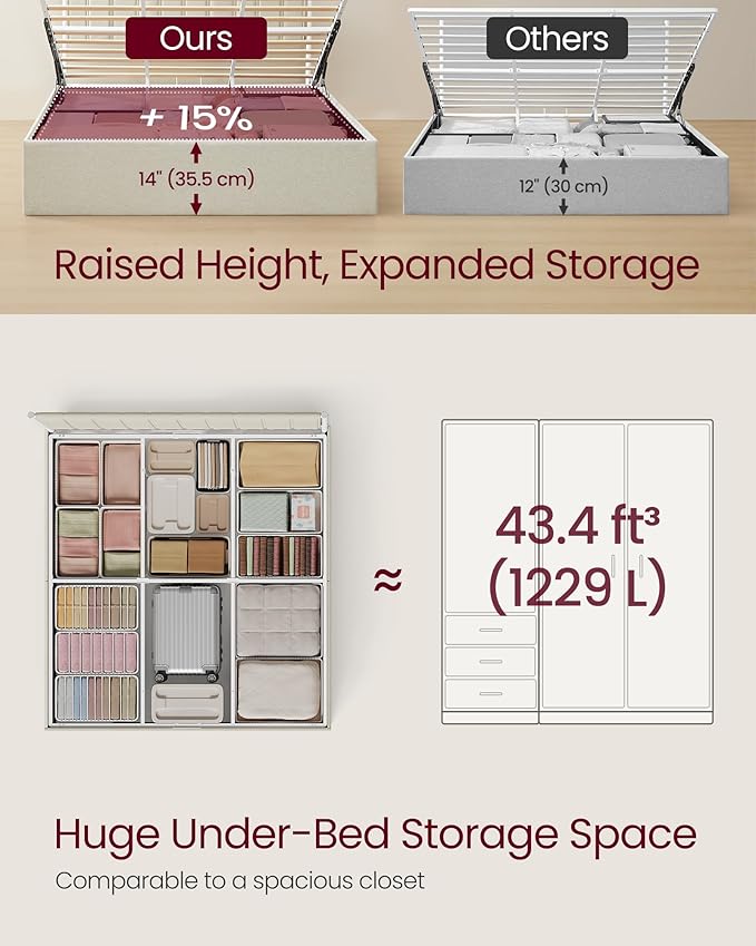 VASAGLE Lift Up Storage Bed Frame King Size, Hydraulic Platform Bed, with Upholstered Headboard, 1100 lb Weight Capacity, No Box Spring Needed, Easy Assembly, Modern, Cappuccino Beige URMB604W01V1