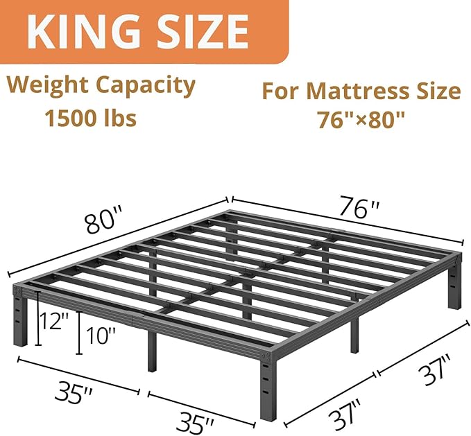 ZIYOO King Bed Frames, 12 Inches Platform Bed Frame, 3500lbs Heavy Duty Steel Slat, Non-Slip Design, No Box Spring Needed, Easy Assembly, Quiet Noise Free, Under Bed Storage Space, Black