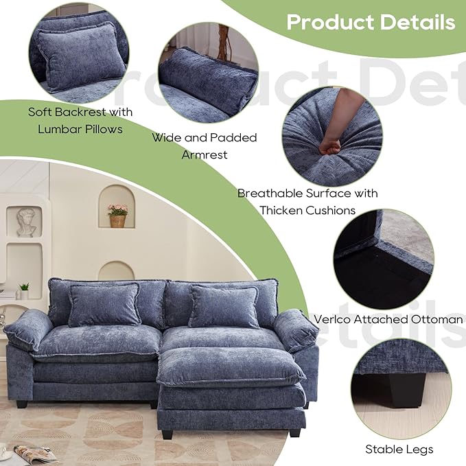 86" Modular Sectional Sofa, Comfy Cloud Couch Sectional Sofa with Ottoman, Chenille Sofa Sleeper Deep Seat Sofa with Throw Pillows for Living Room (Blue, 86"- L Shape)