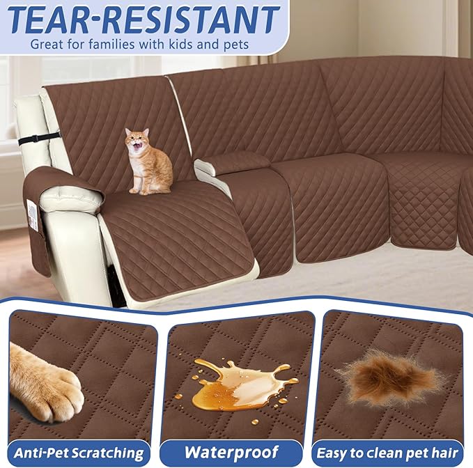 Arfntevss Recliner Sectional Couch Covers 1OO% Waterproof L Shape Sofa Cover for Reclining L Shaped Sectional Slipcover Dog Washable Corner Non Slip Protector (5 Seater with 2 Console, Coffee)