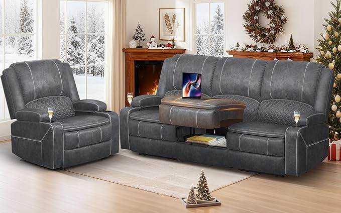 3+1 Manual Recliner Sofa, Maximum Load Capacity 1800lbs & Ergonomics Design, Multi-Functional Middle Seat & Home Theater Seating with Removable Armrest and Storage for RV Living Room (Velvet,Grey)