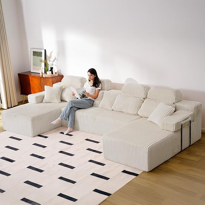 141’’ Cloud Sectional Couch with High Backrest, Convertible U-Shaped Modular Sectional Sofa with Deep Seat, Soft Corduroy Upholstery, Boneless Couches Comfortable for Living Room(Beige)