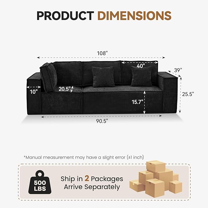 108'' Comfy Chenille Boneless Couch, Oversized Modular Sectional 3 Seater Sofa, Modern Deep Seat Corner Cloud Compressed Couch, No Assembly Sleeper Sofa with Chaise for Living Room, Black