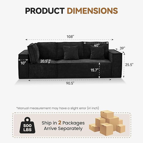 108'' Comfy Chenille Boneless Couch, Oversized Modular Sectional 3 Seater Sofa, Modern Deep Seat Corner Cloud Compressed Couch, No Assembly Sleeper Sofa with Chaise for Living Room, Black