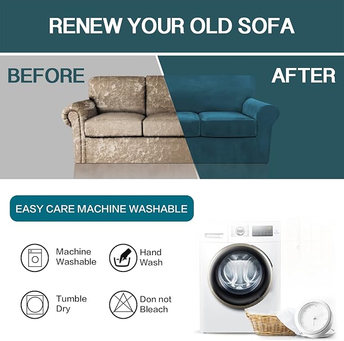 FantasDecor 3 Piece Sofa Covers Velvet for 2 Cushion Couch Stretch Loveseat Slipcover with Individual Seat Elastic Furniture Protector for Pets (Loveseat, Deep Teal)