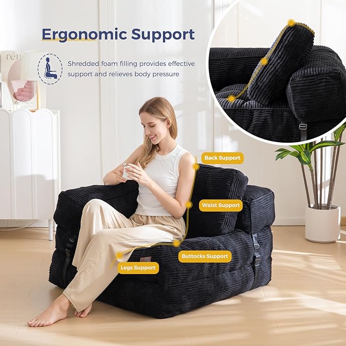 MAXYOYO Folding Sofa Bed, L-Shaped Convertible Sofa with Armrest Foldable Sleeper with Pillow, Portable Fold Out Chair Bed Comfy Floor Lounge for Living Room Bedroom, Black