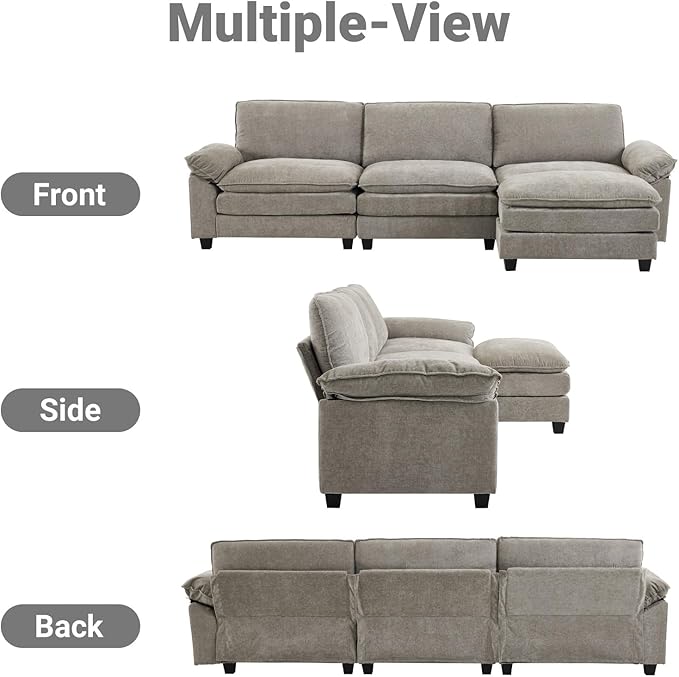 VINGLI 122" Cloud Double-Layer Deep Convertible Sectional Sofa, Comfy L-Shape 3-Seat Couches for Living Room, Modern Couch with Movable Ottoman for Small Space, Light Grey, Chenille