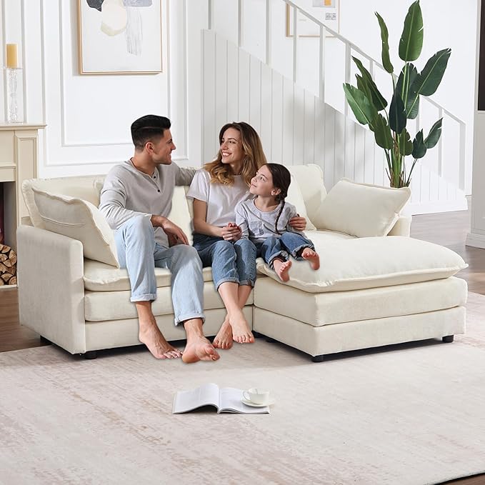 Modular Sectional Sofa with Ottoman: 76.7" Modern L Shaped Sectionals Cloud Couch, Comfy Couch Loveseat, 3 Seat Chenille Deep Seat Sofa with Pillow for Living Room,Bedroom Apartment,Small Spaces-Beige