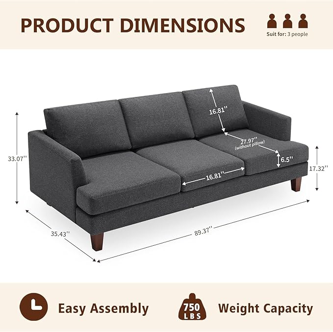 Mid Century Modern Couches for Living Room, 89" Comfy Couch Sofa with 3-Seater Deep Seats, Upholstered Sofas for Living Room, Office Apartment, Bedroom, Dark Grey