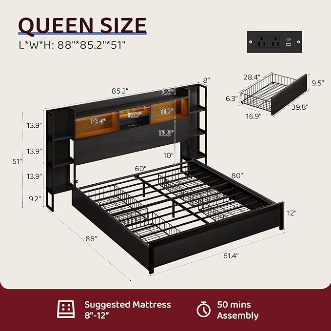 BRELTAM Queen Size Bed Frame with 4 Storage Drawers and Headboard Featuring Shelf Storage, Wooden Platform Bed Frame with LED Lights and Charging Station, Easy Assembly/No Box Spring Needed/Black